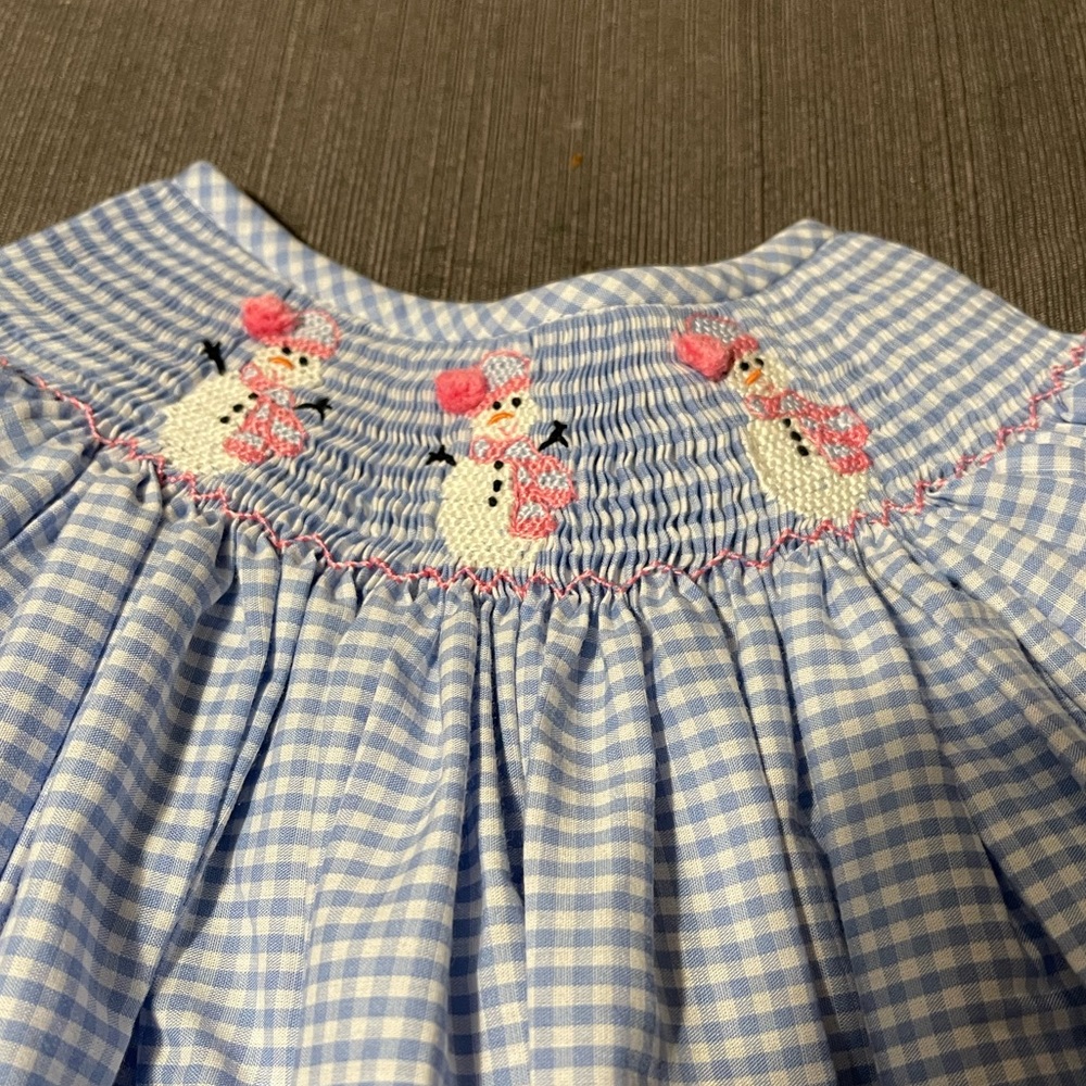 NWT Christmas Dress blue & white smock bishop short sleeve dress with snowmen.